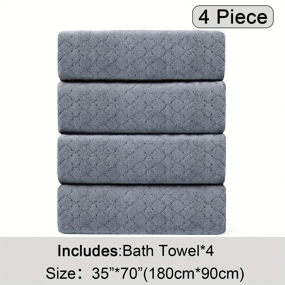 Oversized Bath Towel Set 4 Piece Diamond Pattern Microfiber - Ultra Soft Highly Absorbent Quick Dry | 10 Colors | Blue Green Black Gray Navy Orchid Brown Purple White Turquoise | Bathroom Hotel Gym Gift