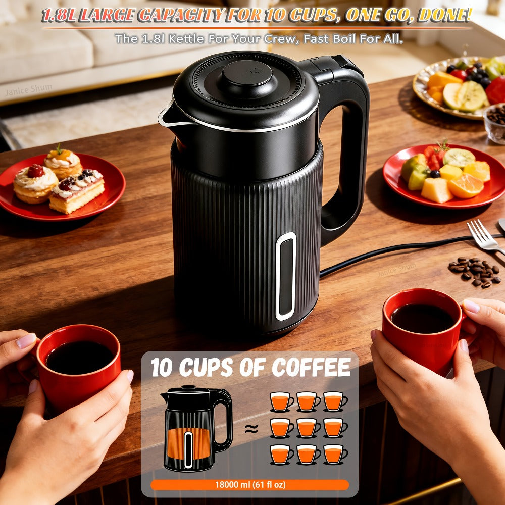 Electric Kettle 1000W Double Wall Stainless Steel ¨C 57.48oz 304 SS Hot Water Kettle with 360¡ã Rotary Base, LED Light, Auto Shut-Off & Boil-Dry Protection, Instant Water Warmer for Coffee & Tea ¨C Black