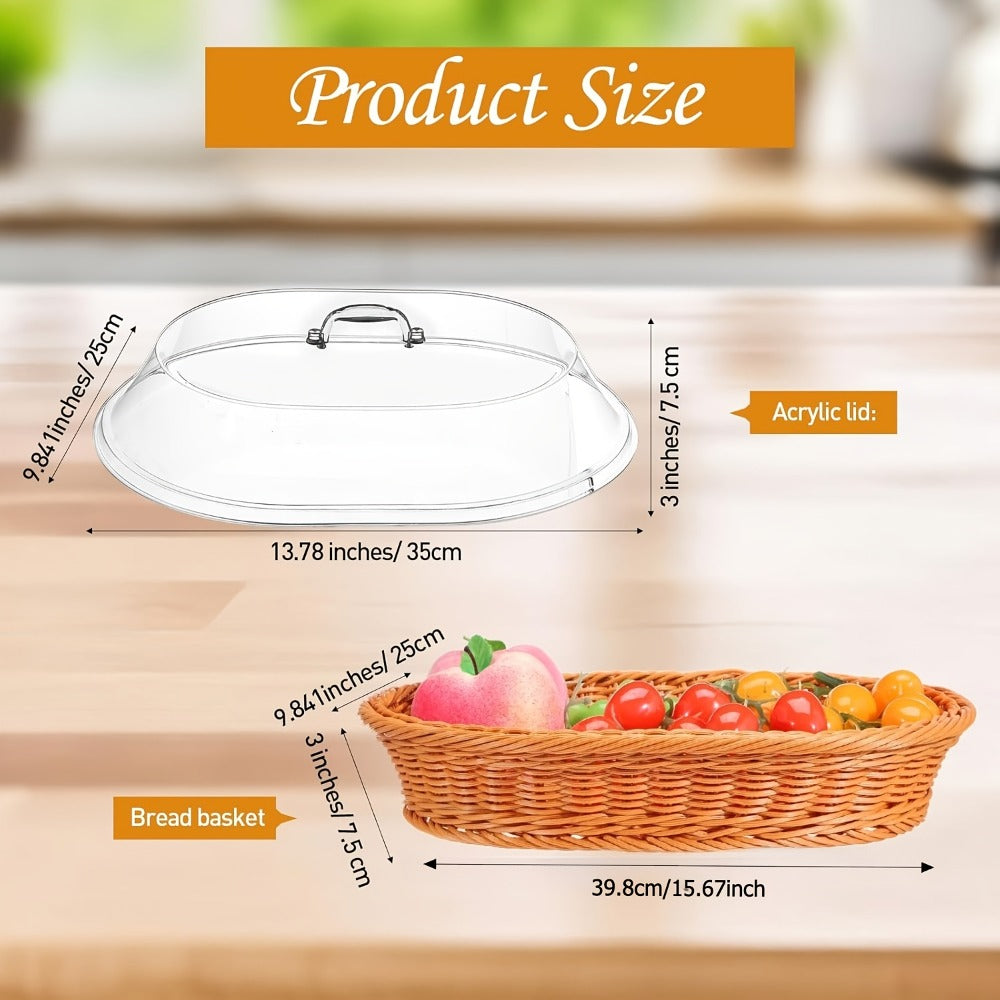 Woven Bread Basket with Lid Oval Rattan Food Basket for Serving Storage Fruits Vegetables Kitchen Dining Table Decor