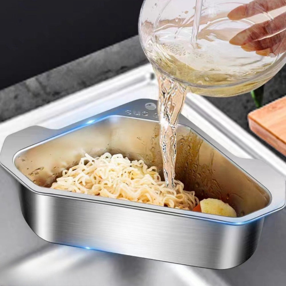 Kitchen Drain Strainer Basket 304 Stainless Steel Triangular Corner Sink Filter ¨C Food Scrap & Leftover Catcher for Kitchen Sink & Wash Basin, Rust-Proof Easy Clean Drain Basket Silver