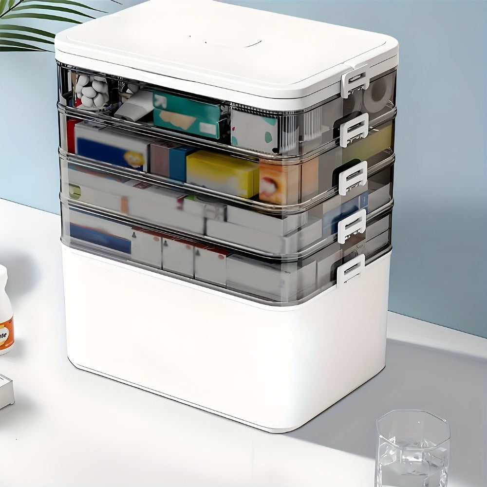 5-Tier Stackable Storage Box with Lids | Large Capacity Transparent Organizer with Handle for Home & Travel - Pill Box, Craft, Sewing, Cosmetics, Office & Bathroom Supplies, Easy to Clean, 30x16.5x31cm