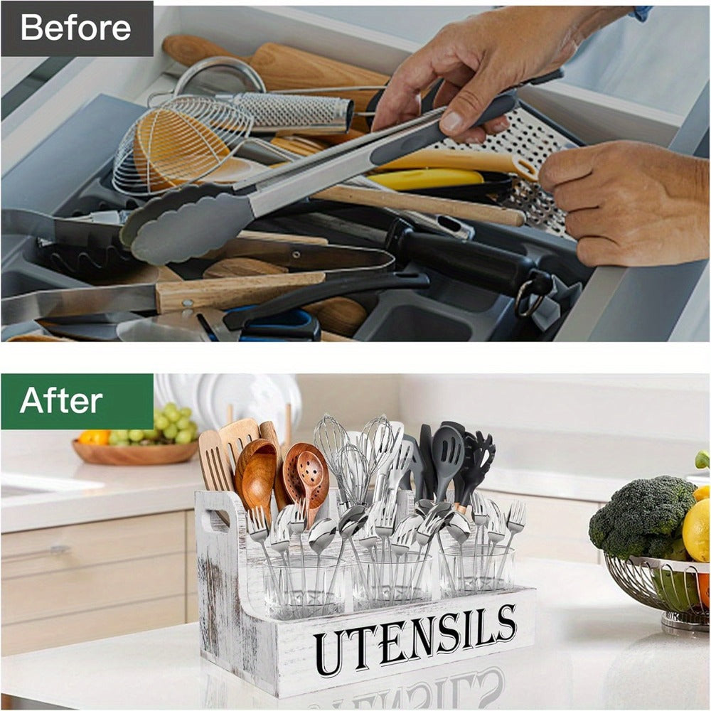 Kitchen Utensil Organizer Extra Large 4 Compartments Wooden Countertop Crock Farmhouse Rustic Cooking Utensil Holder for Kitchen in White and Black