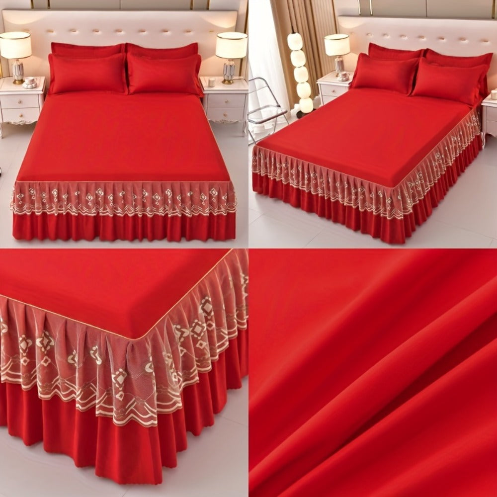 Macrame Lace Bed Skirt Set 3pcs ¨C Double Layer Non-Slip Bed Skirt with 2 Pillowcases All Seasons Twin Full Queen King
