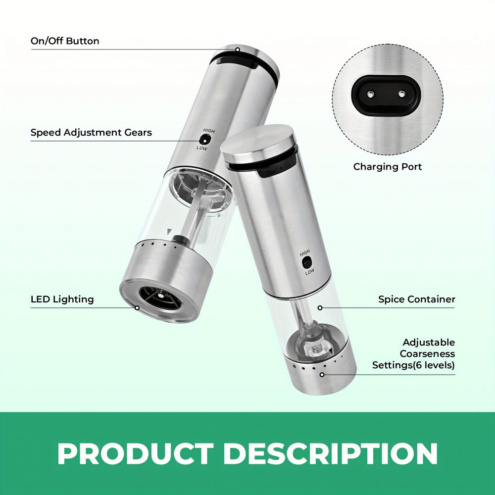 Electric Pepper Grinder Set USB-C Rechargeable with LED Light Ceramic Core Adjustable Coarseness One-Hand Automatic Salt Pepper Mill Kitchen Gift for Home Cooking Camping BBQ