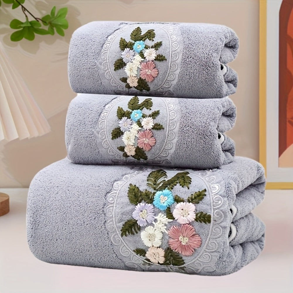 Embroidered Flower Towel Set 3-Piece Soft Absorbent Skin-Friendly Bath Towel and Face Towels for Bathroom Home Bathing Beach