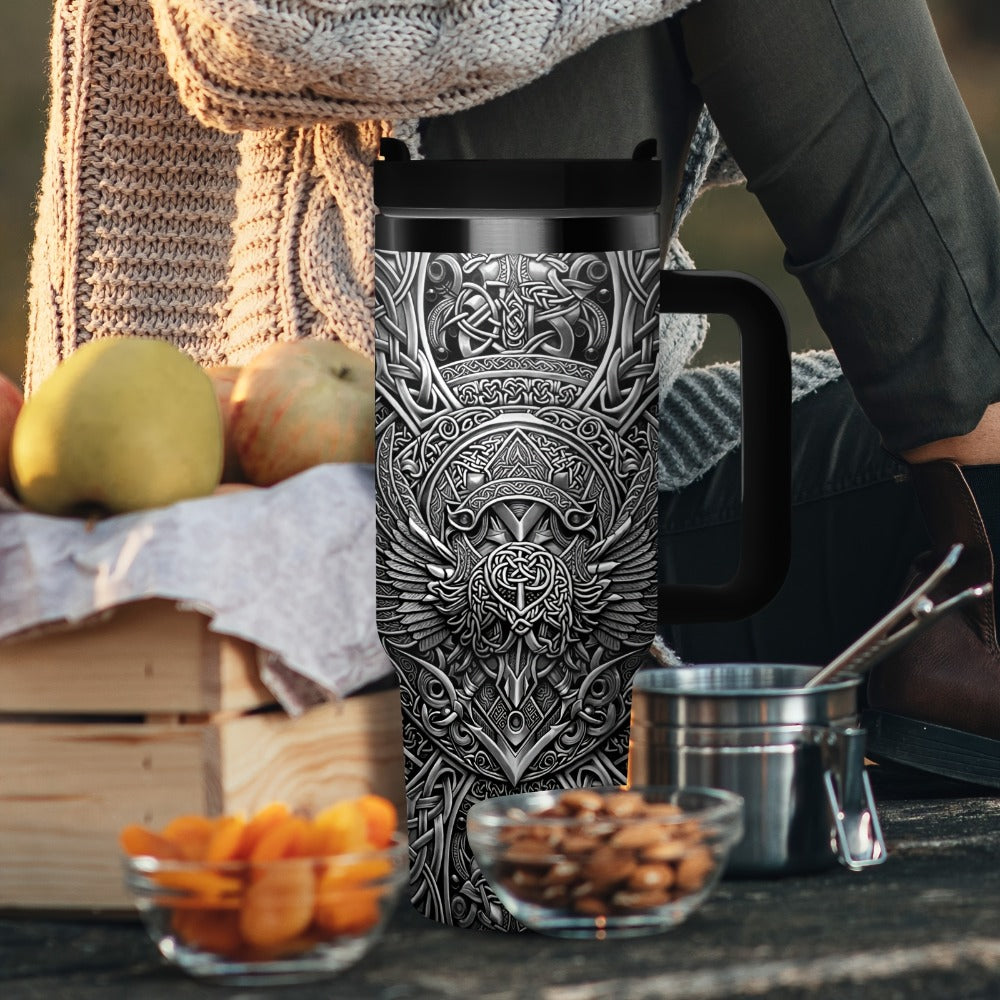 40oz Viking Tumbler with Handle - Wolf Raven Norse Mythology Celtic Knot Stainless Steel Insulated Travel Mug, Viking Gift for Men Women, Coffee Mug for Viking Lovers, Norse Mythology Gift
