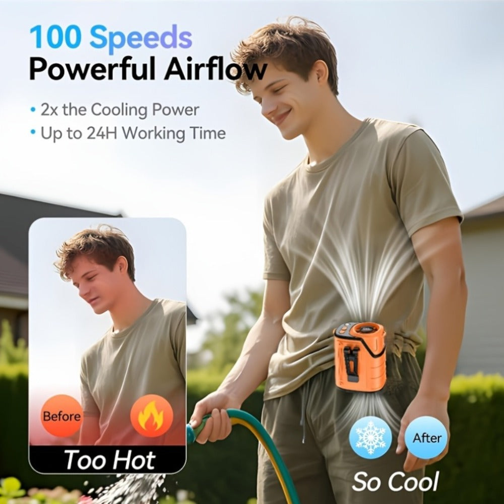 3-in-1 Portable Waist Fan with LED Flashlight & Power Bank | Rechargeable Clip-On Cooling Fan for Outdoor Work, Camping & Construction Sites, 3600mAh Battery, Digital Display