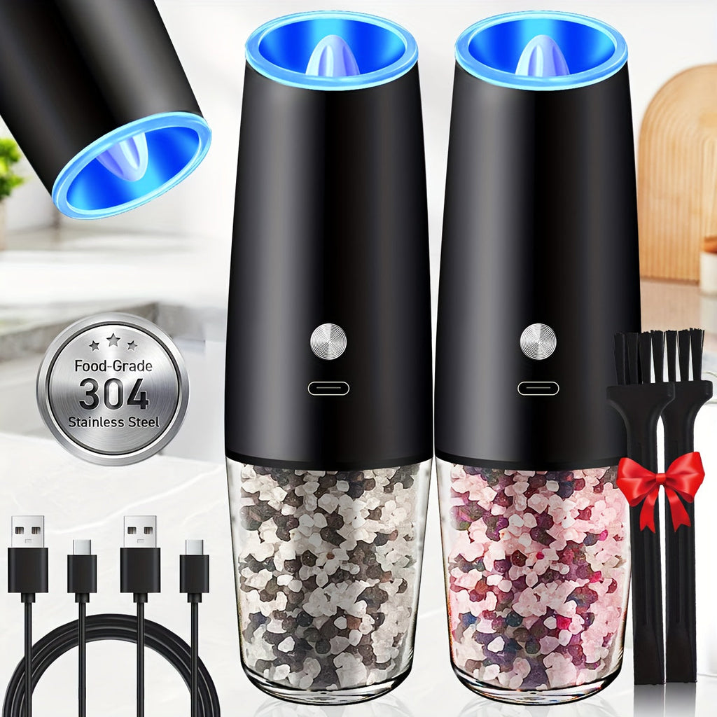 2pcs USB Rechargeable Electric Salt and Pepper Grinder Set with LED Light & Adjustable Coarseness, One-Hand Operation