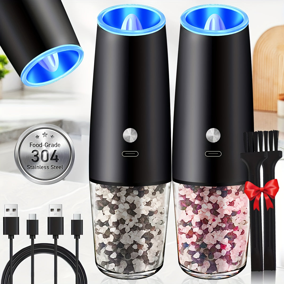 2pcs USB Rechargeable Electric Salt and Pepper Grinder Set with LED Light & Adjustable Coarseness, One-Hand Operation