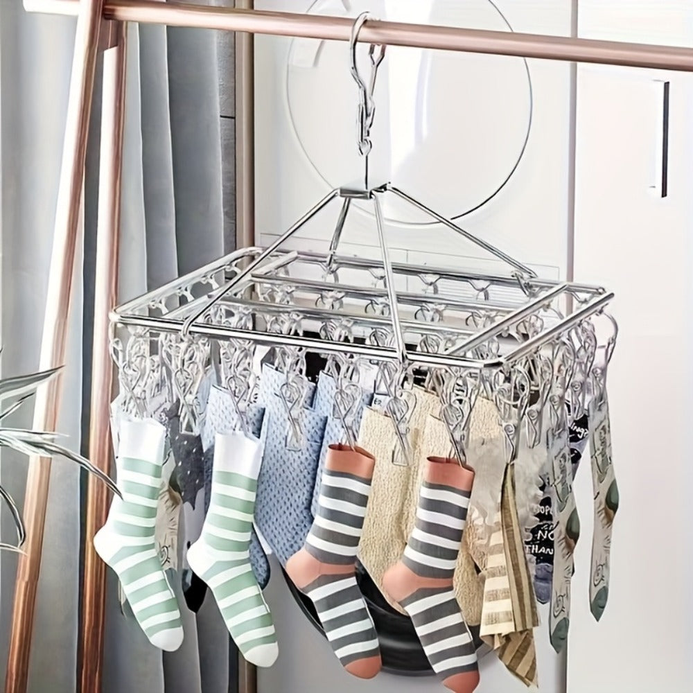Clothes Drying Rack with Clips Stainless Steel Laundry Hanger Windproof Skidproof Multi-Clip Sock Underwear Dryer for Home Bedroom Balcony ¨C 30/40/50 Clips