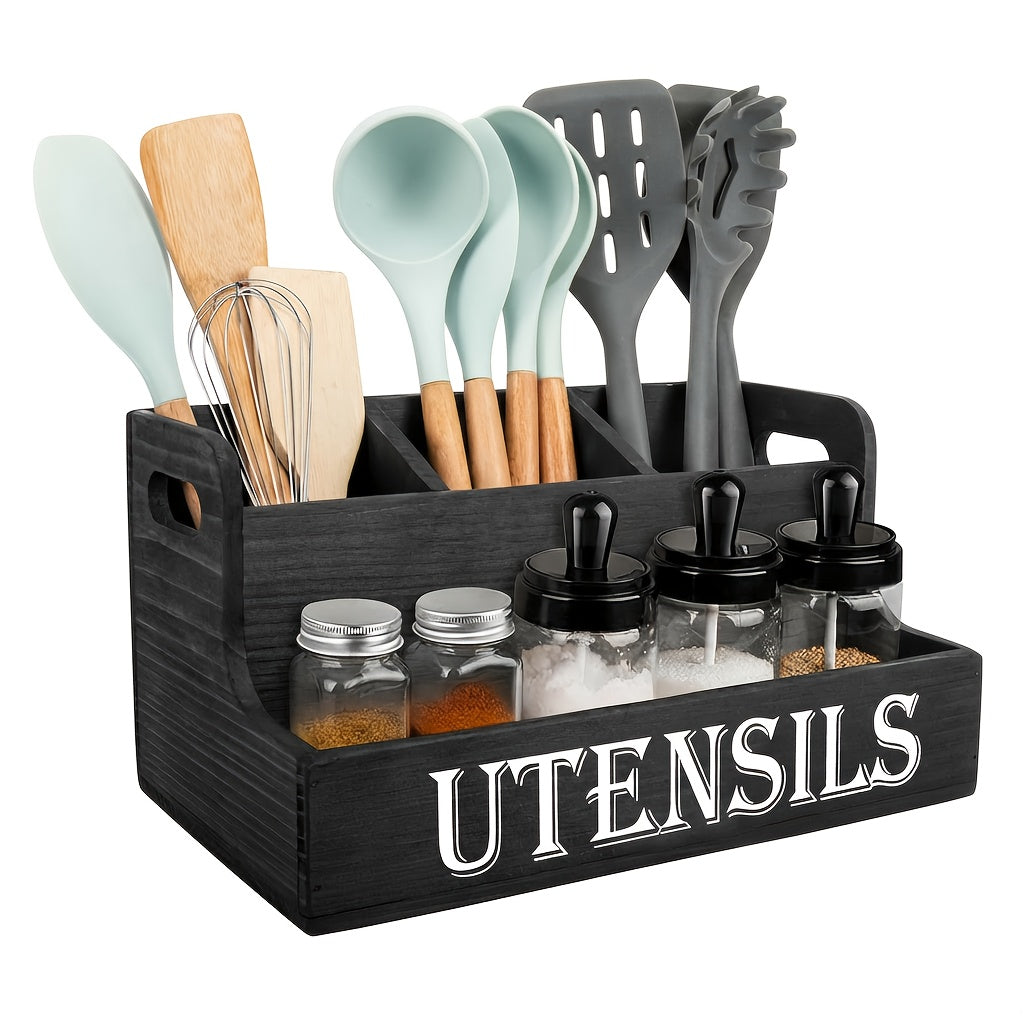 Kitchen Utensil Organizer Extra Large 4 Compartments Wooden Countertop Crock Farmhouse Rustic Cooking Utensil Holder for Kitchen in White and Black