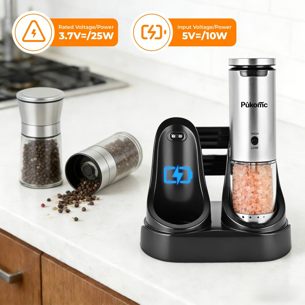 Electric Pepper Grinder Set of 2, Rechargeable with Charging Base, 6 Adjustable Coarseness Settings, Built-in LED Light & ABS Motor ¡ª Salt & Pepper Mill for Peppercorns & Spices, Brush Included