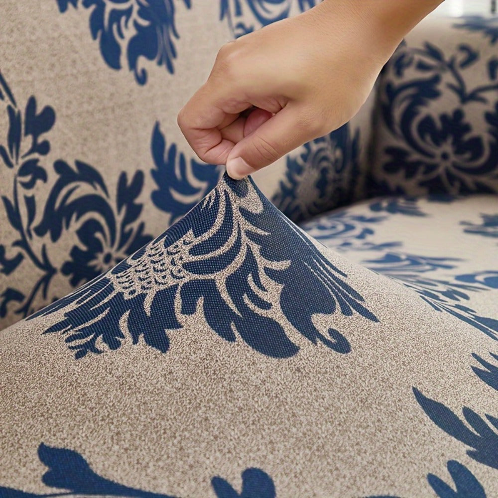 Stretch Sofa Cover Slipcover High-Stretch Fabric Ruffle Skirt Non-Slip Rod All-Season Snug Fit for 1 2 3 4 Seater Couch ¡ª Dark Blue with Pillow Cover
