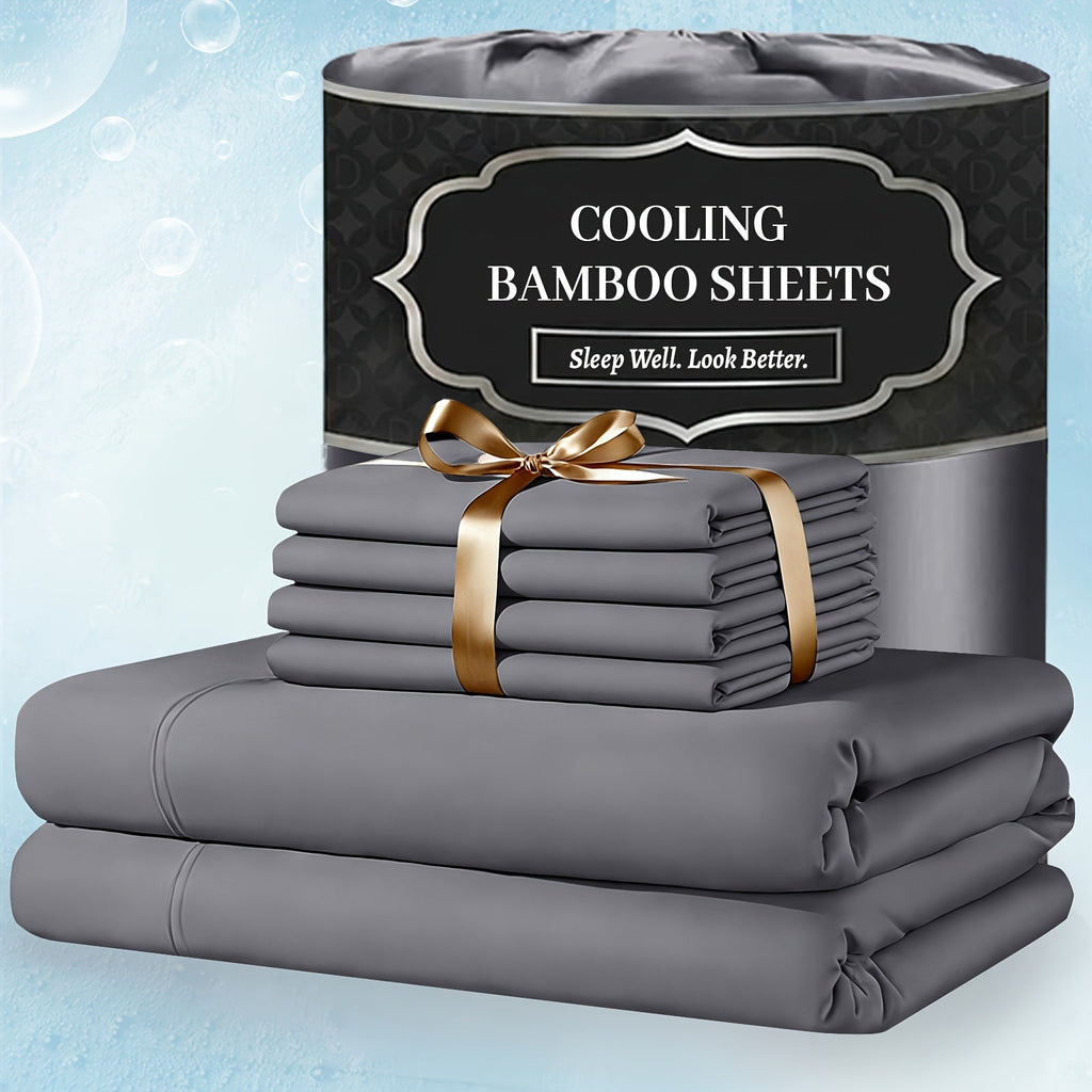 Bamboo Bed Sheet Set 4 Piece Extra Deep Pocket Cooling Breathable Soft Wrinkle Free Hotel Luxury Fitted Sheet Flat Sheet Pillowcases Twin Full Queen King