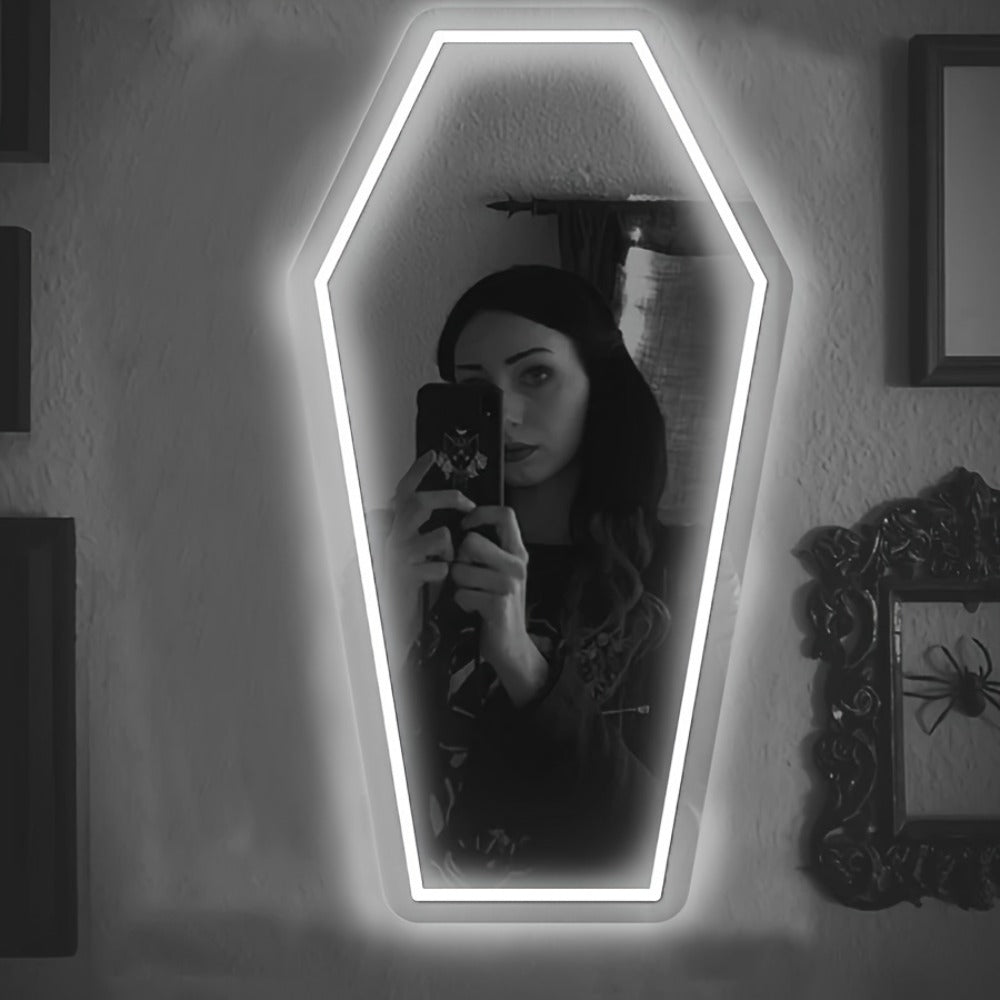 Gothic Coffin Shaped Neon Wall Mirror USB Powered LED Neon Light Mirror Irregular Decorative Art Mirror for Dark Gothic Aesthetic Bedroom Wall Decor Halloween Gift Cold White
