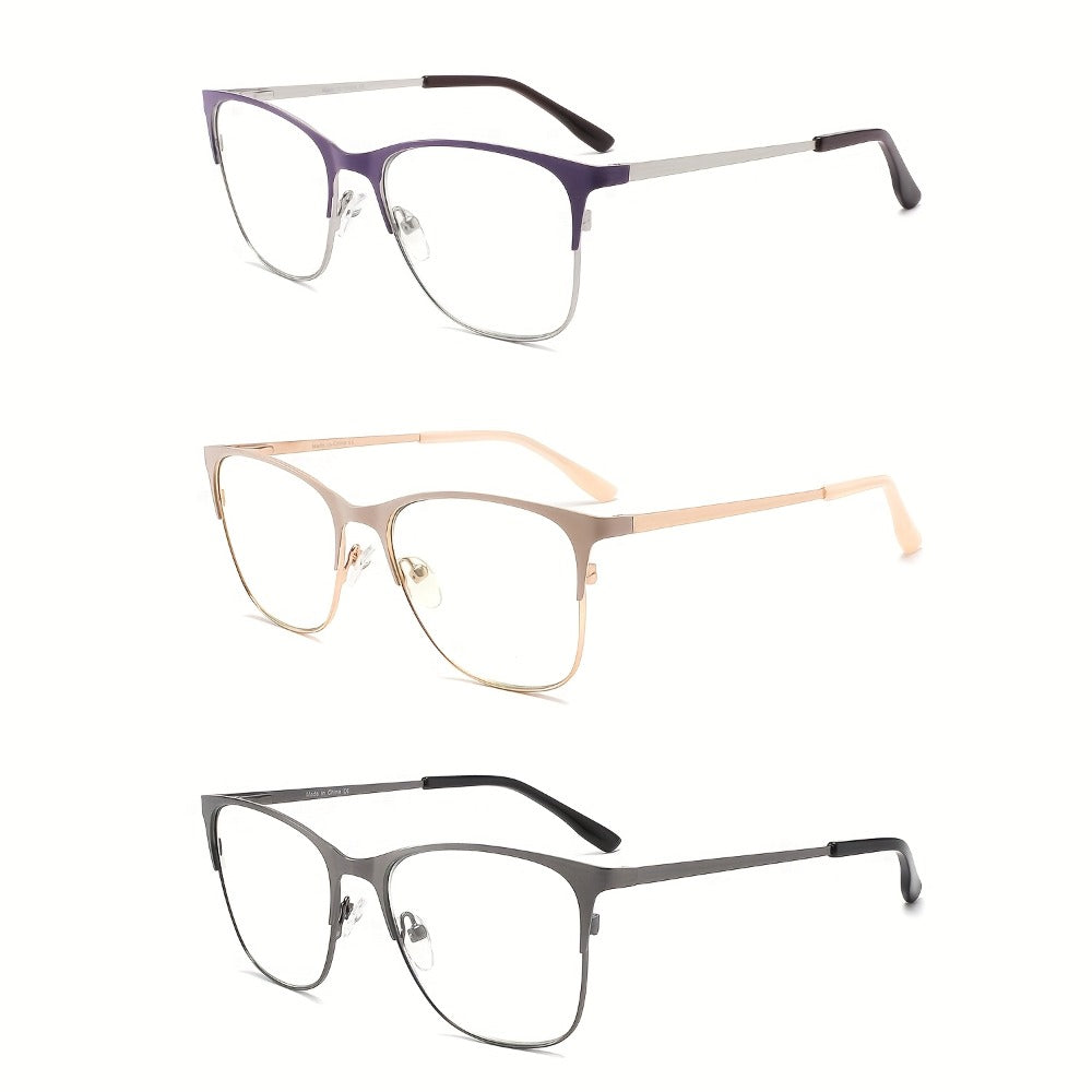 Anti Blue Light Reading Glasses 3 Pack Metal Frame Rectangular Readers ¨C Polycarbonate Lenses, Spring Hinges, Unisex Men Women Mixed Colors, Multiple Magnification Strengths for Reading and Screen Use