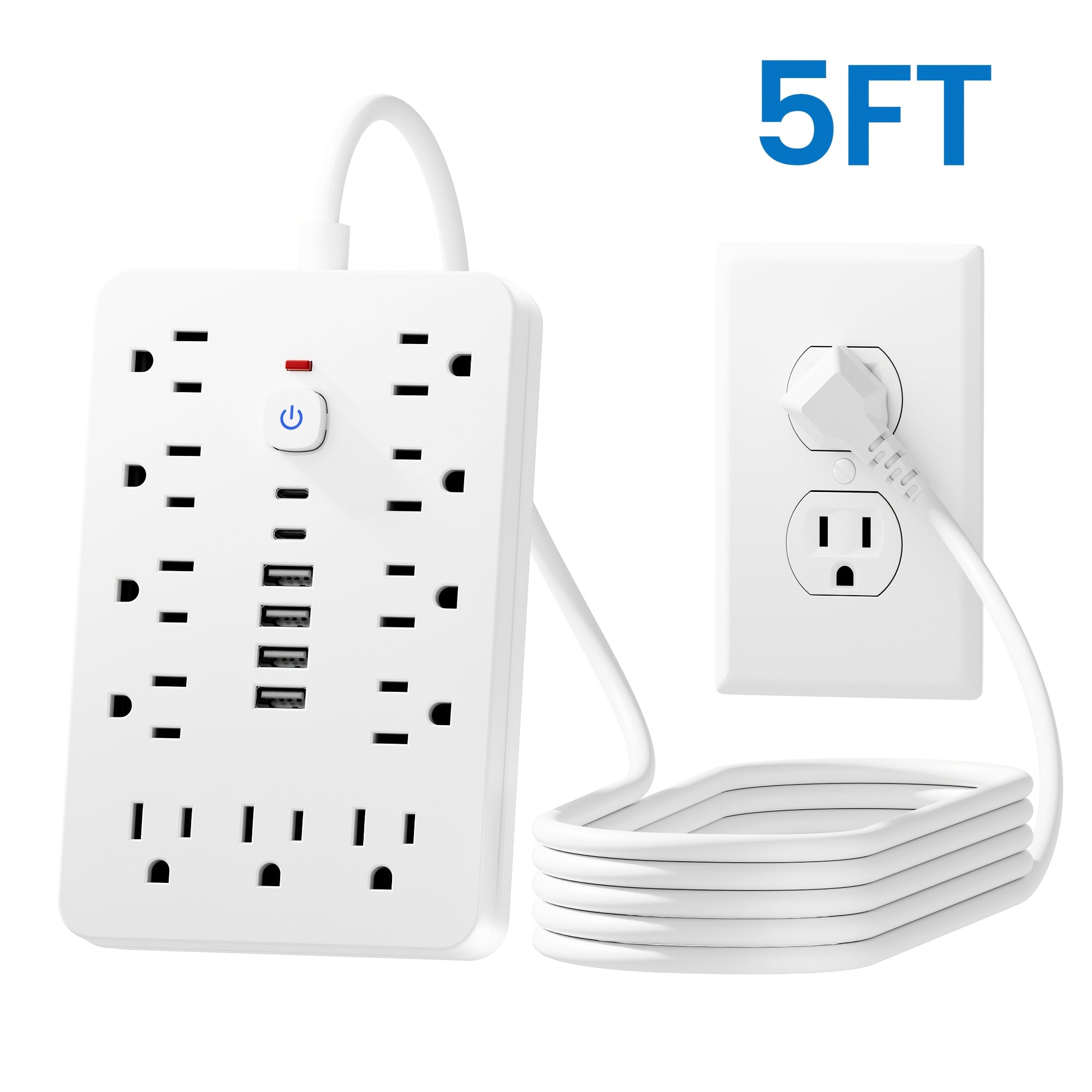 Extension Cord Power Strip with USB Ports 11 AC Outlets 4 USB-A 2 USB-C Surge Protector Overload Protection Short Cord 5FT 10FT for Home Office Study School Desk Charging Station White Black