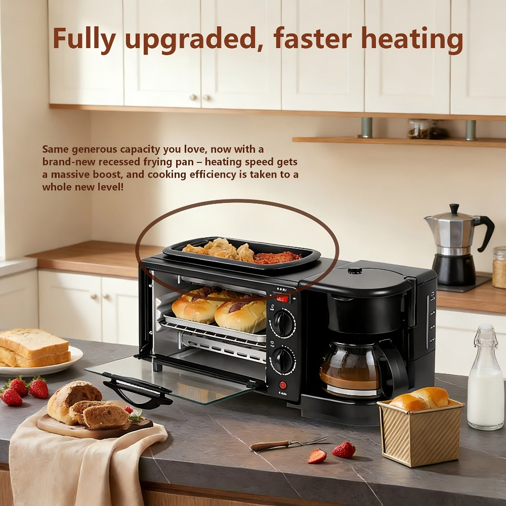 3-in-1 Breakfast Maker Station ¨C Fry Eggs, Toast Bread & Brew Coffee All at Once, Non-Stick Coating, Auto Power-Off Safety Timer, One-Click Operation for Fast Morning Meals