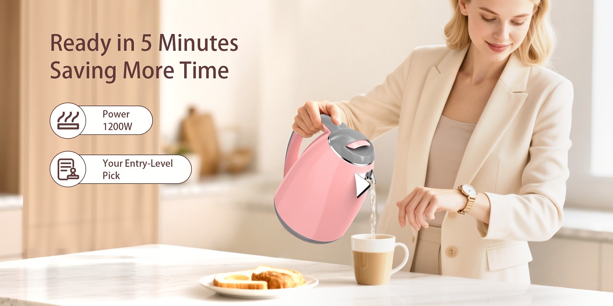 Hot Water Boiler Electric Kettle 1.8L Stainless Steel Fast Boiling Auto Shut-Off Countertop Instant Kettle for Coffee Tea Maker Pink White