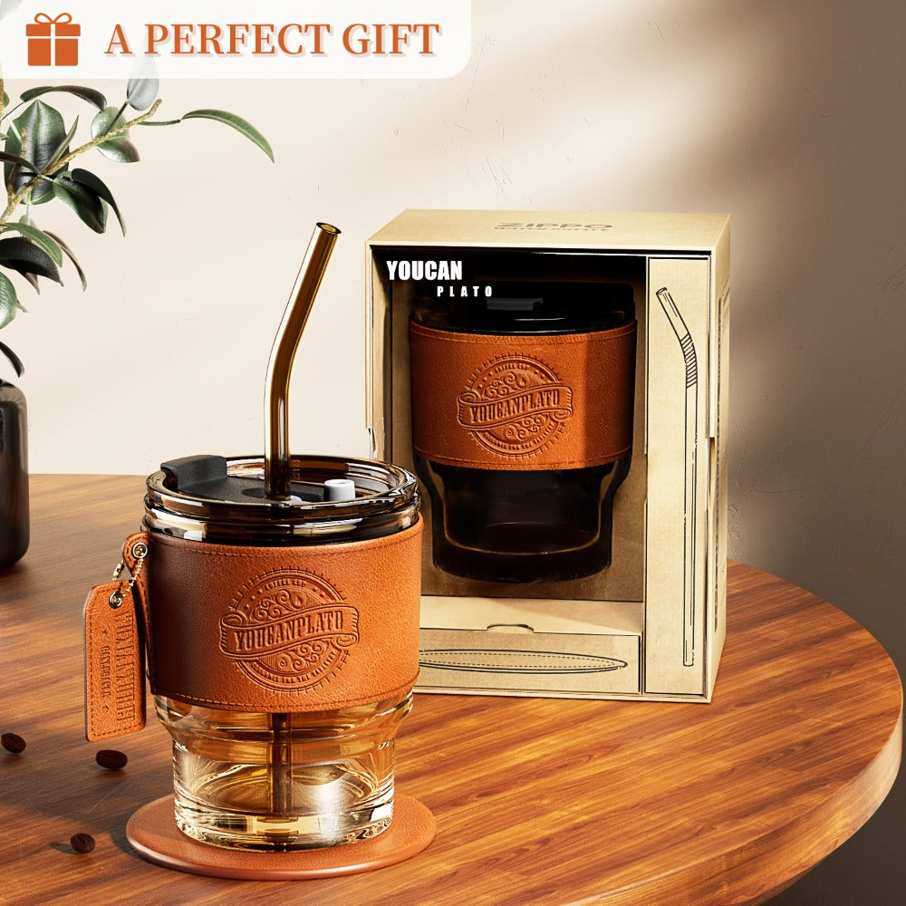 Glass Coffee Cup with Straw 14 Oz ¨C BPA-Free Glass Travel Mug & Water Bottle for Men & Women ¨C Tumbler for Coffee, Juice & Office Use ¨C Easy to Clean ¨C Brown & Dark Green