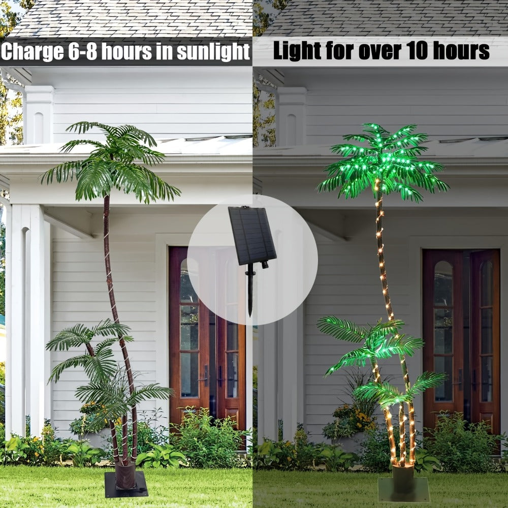Solar Powered Artificial Palm Tree 7ft Triple Trunk 260 LED Lights 8 Modes Dimmable Timer 2200mAh Battery Metal Base Outdoor Indoor Decor Tiki Bar Patio Beach Garden Christmas Halloween Party