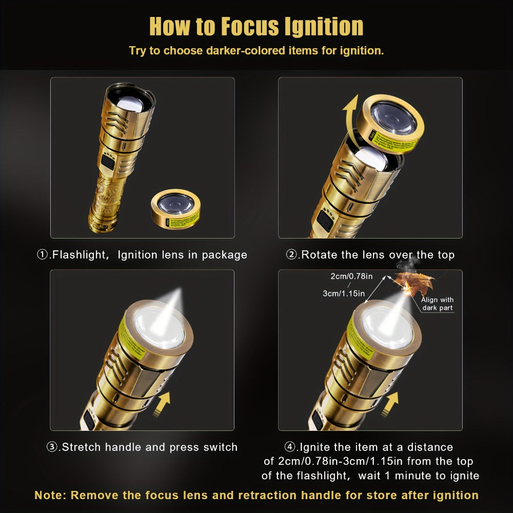 Tactical LED Flashlight 5000mAh Rechargeable Zoomable with Ignition Lens ¨C 4 Modes High Brightness Golden Dragon Pattern Spotlight for Camping Outdoor Hiking Emergency Household Use