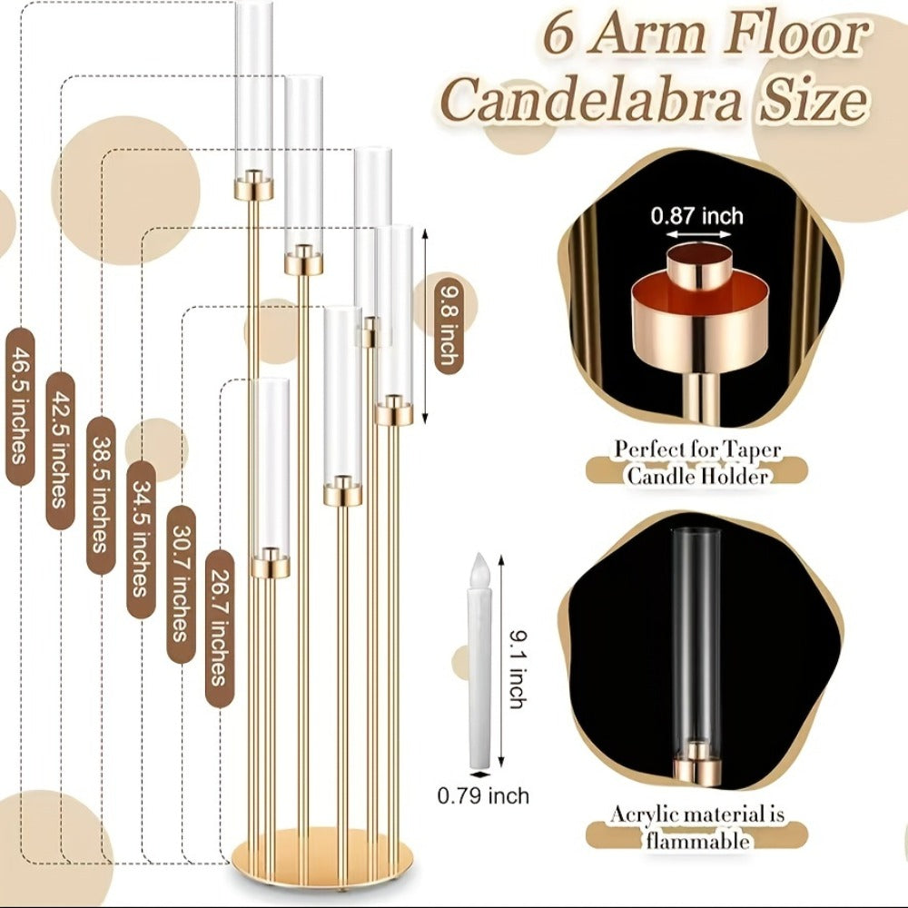 Floor Candelabra 6-Arm 46 Inch Gold Metal Candlestick Set with 12pcs LED Candles & Acrylic Shades, Tall Wedding Centerpiece Candle Holder for Valentine's Day Anniversary Party Home Decor
