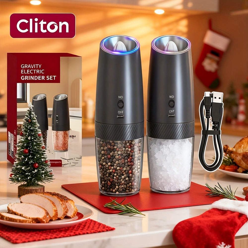 Electric Salt and Pepper Grinder Gravity Sensing USB Rechargeable with LED Light, One-Hand Operation Automatic Pepper Mill Adjustable Coarseness, Battery or Type-C Powered Kitchen Spice Grinder Set 1-2pcs