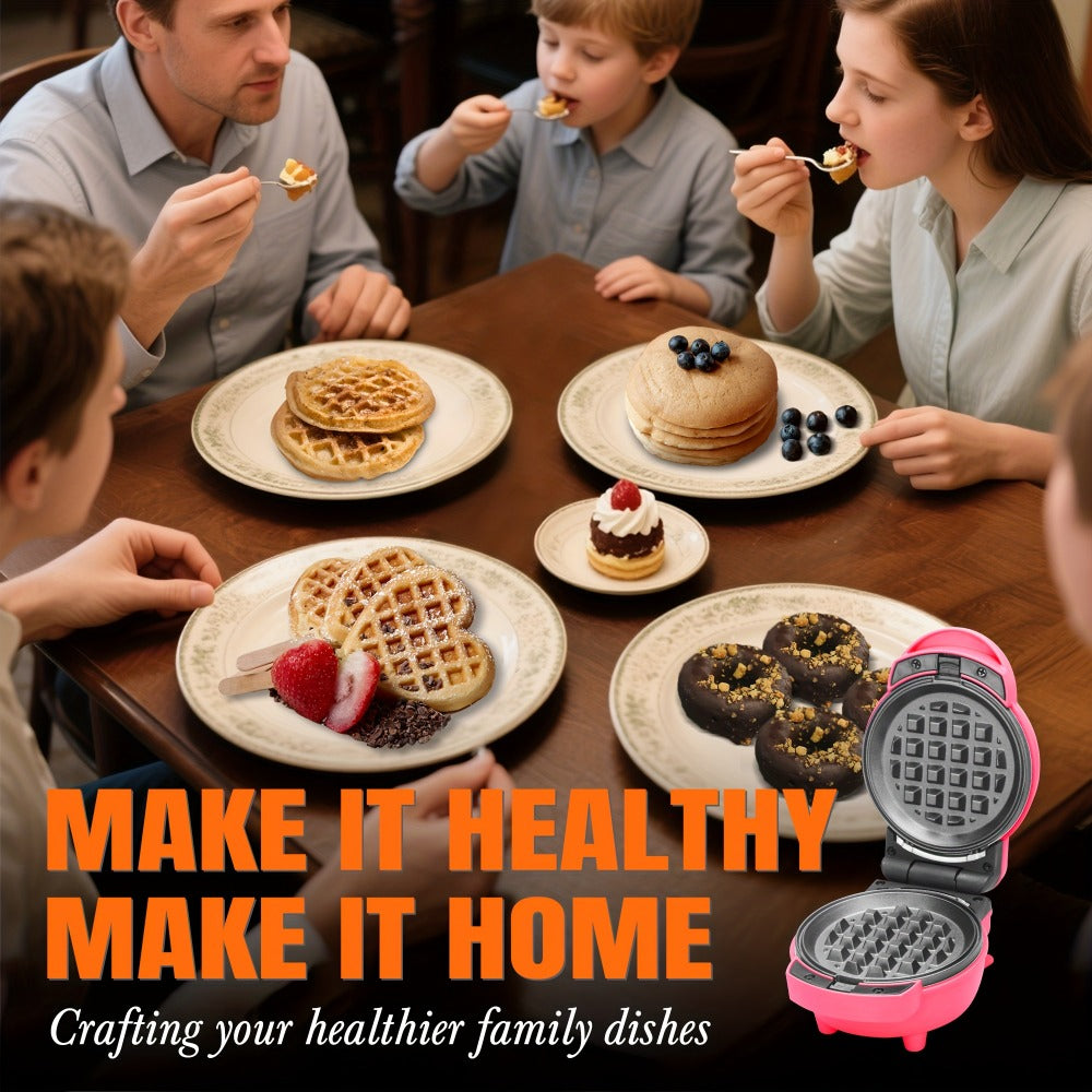 Mini Waffle Maker 4-in-1 with Removable Plates ¨C Waffle, Pancake, Donut & Heart Shape, Non-Stick, Easy Clean, Recipe Included, Compact Breakfast Maker for Home