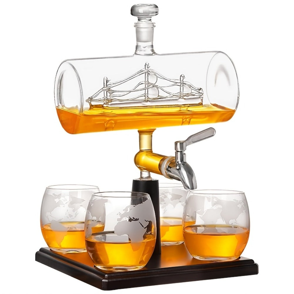 Wine Decanter Set with Glasses 44oz Boat-Shaped Glass Decanter 4 Wine Glasses Wooden Rack Unique Wine Gift Set for Home Bar Birthday