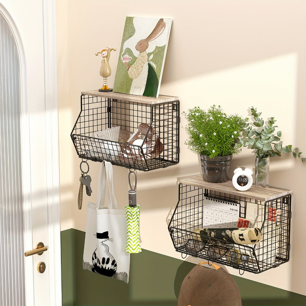 Stackable Metal Wire Fruit Basket with Lid ¨C 1 or 2-Tier Hanging Kitchen Pantry Storage Bin, Wall-Mounted or Countertop Vegetable Organizer for Potato, Onion & Produce, Black