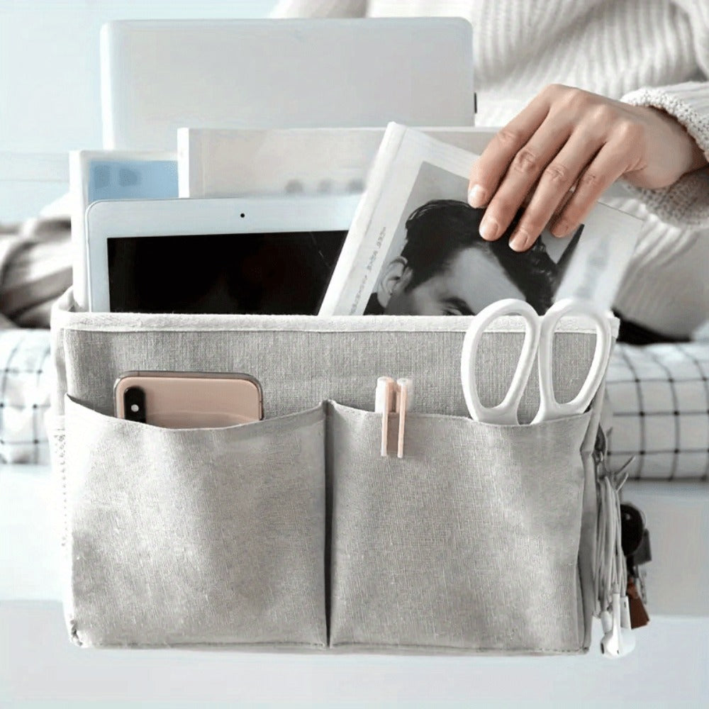 Bedside Hanging Organizer 2Pack Bed Rail Storage Bag - Bunk Bed Dorm Hospital Caddy for Books Magazines Phone Glasses Kettle Bedroom Shelf Basket Gray White