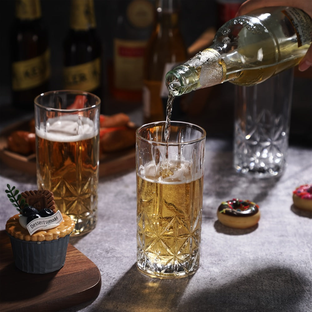 Highball Glasses Set of 12 - 12oz Crystal Clear Vintage Textured Tall Drinking Glasses, Dishwasher Safe Designer Glassware for Cocktail, Tea, Water, Beer & Soda