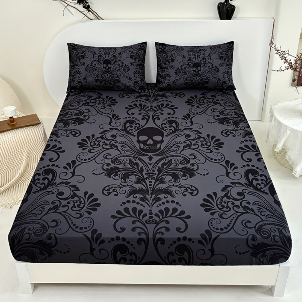 Gothic Skull Fitted Sheet Set 3-Piece ¨C Victorian Baroque Halloween Bedding | 1 Deep Pocket Fitted Sheet + 2 Pillowcases | Machine Washable Hypoallergenic Polyester | Twin Full Queen King