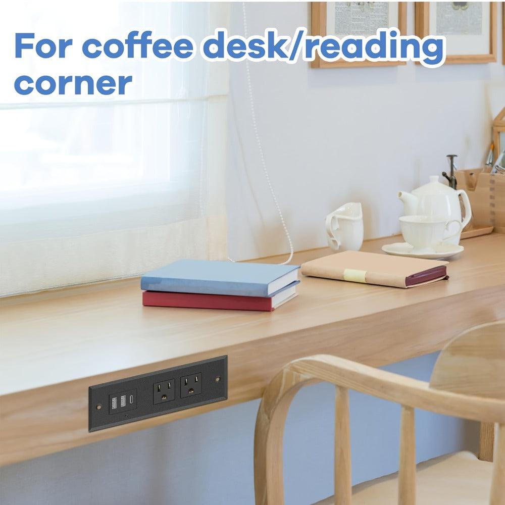 Recessed Power Strip Flush Mount Desk Outlet with USB-C & USB-A Ports In-Desk Power Grommet for Conference Room Office Table Furniture 1.5m Cord