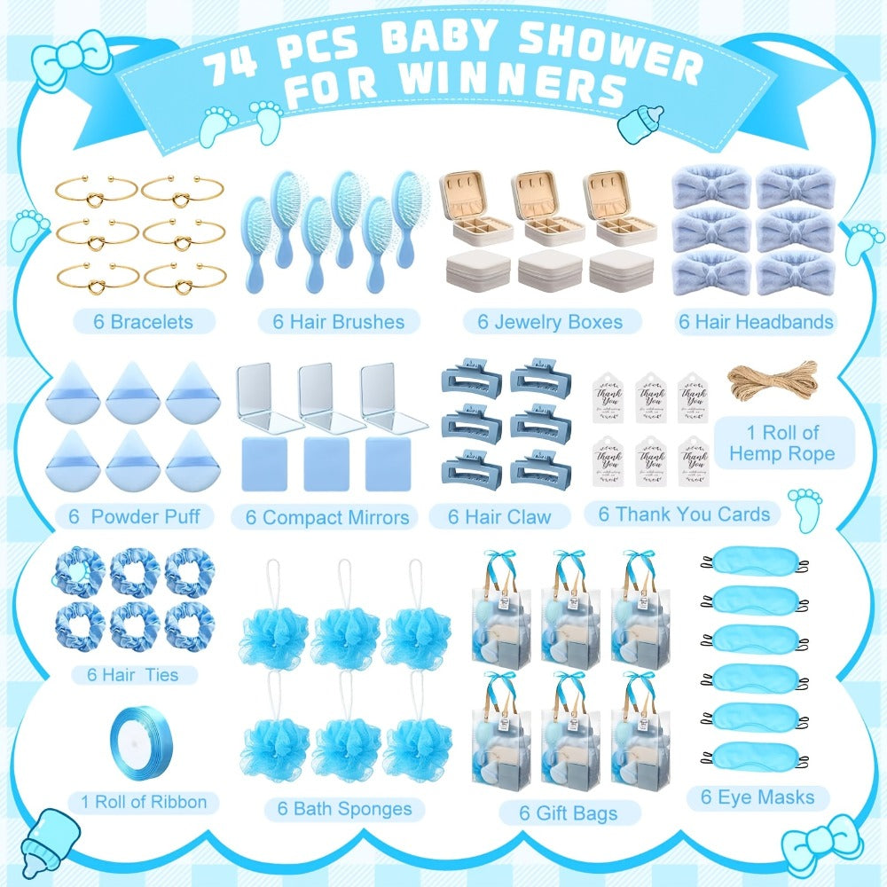 Party Favor Gift Set 74pcs ¨C Headbands, Hair Brushes, Bracelets, Mirrors, Powder Puffs, Hair Ties, Clips, Bath Sponges & Jewelry Boxes with Gift Bags for Bridal Shower, Wedding, Christmas & Events (Pink/Blue)