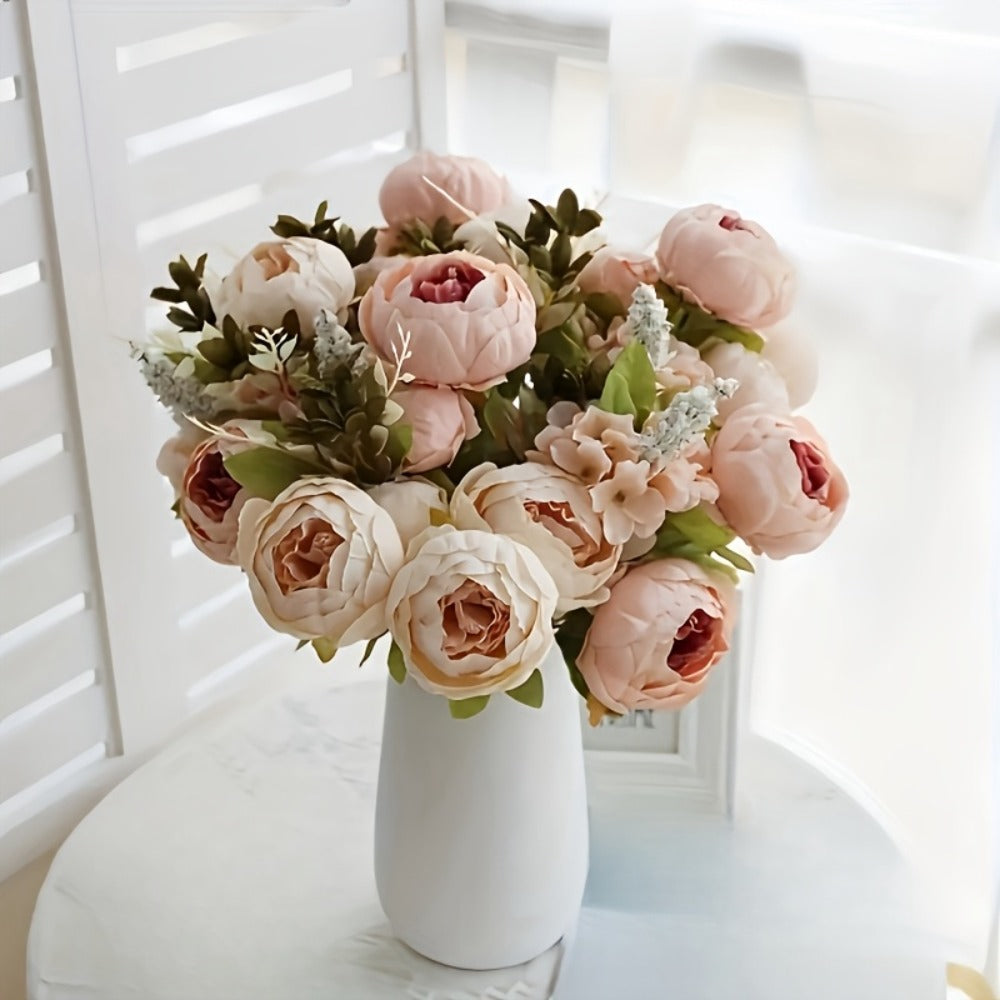 Faux Peonies Hydrangeas Artificial Flowers Vintage Silk Bouquet - Pink Green Mix Floral Centerpiece for Bridal Wedding Home Table Decor Rustic Farmhouse Arrangement