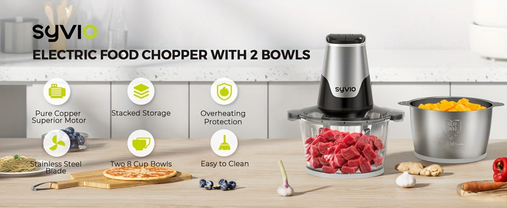 Mini Food Processor 450W with 2 Bowls ¨C Electric Food Chopper, 4 Bi-Level Blades, Meat Grinder for Baby Food, Meat, Onion & Vegetables, 2 Speed
