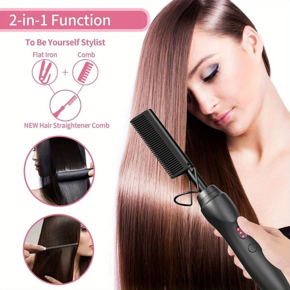 Electric Hot Comb Hair Straightener Ceramic Copper Heating Plate Portable Heat Press Comb for Curl Straight Style Beard Wig Wet Dry Hair Styling Tool for Women Men