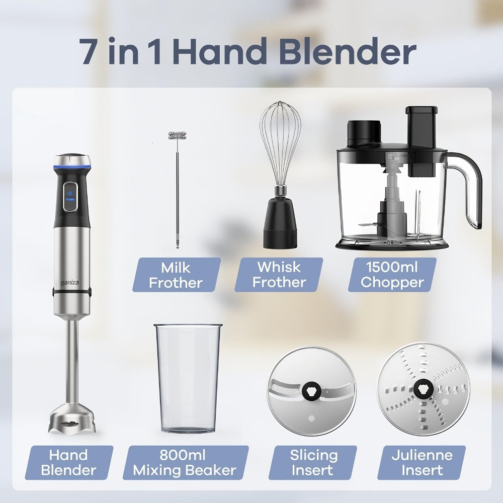 Immersion Blender 7-in-1 Hand Blender, 15-Speed & Turbo Mode, Stainless Steel Stick Blender with 50oz Food Processor, Whisk, Milk Frother & 4 More Attachments ¨C Complete Kitchen Blending Set