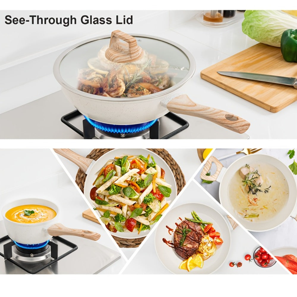 Cookware Set 12 Piece Pots and Pans Set Non-Stick Granite Coating with Frying Pans Casserole Saucepan Glass Lids Pan Protectors Compatible with All Stovetops Including Induction