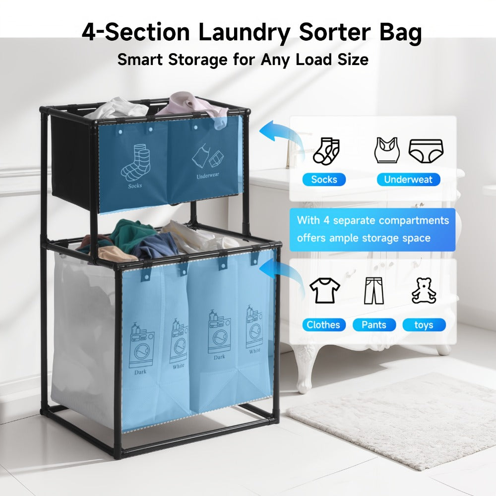 Laundry Sorter 2-Tier with Removable Bins - Collapsible Clothes Hamper Oxford Fabric Double Laundry Basket for Bedroom Bathroom Kids Adults Dorm Travel with 10 Cable Ties