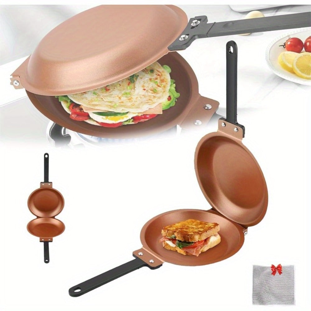 Pancake Pan Double Sided Non-Stick Reversible Folding Breakfast Frying Pan Pancake Maker for Fluffy Pancakes Omelette Frittata Dishwasher Safe Plastic Handle Pink Gold Green