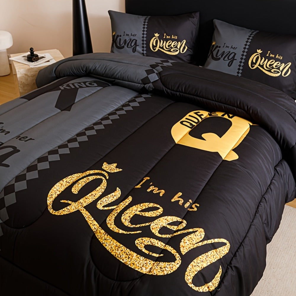 Comforter Set 3-Piece ¨C Soft Breathable Quilt with 2 Pillowcases, Black Grey Color Block Crown Letter Print, Twin Full Queen King, 180GSM Bedroom Bedding Set