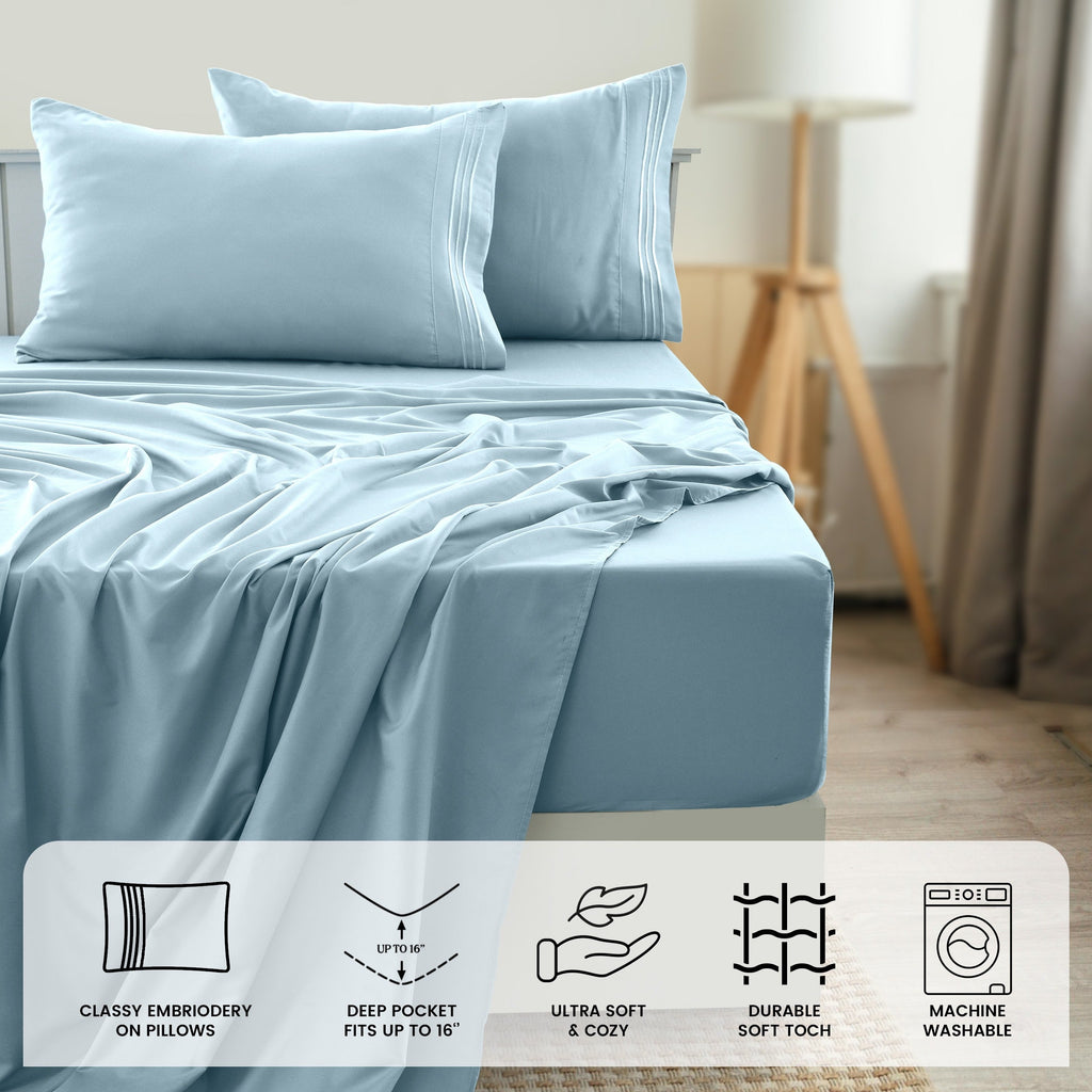 Fitted Sheet Set 6-Piece Brushed Polyester Deep Pocket Bed Sheets 20 Colors Hotel Luxury Soft Bedding with Embroidered Pillowcases