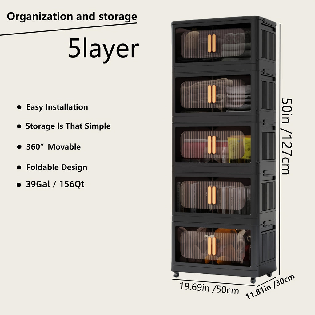 Rolling Storage Cart 4 5 Tier Double Door Collapsible Stackable Plastic Organizer with 360 Lockable Wheels Space Saving Bin for Dorm Office Closet Bedroom Garage Gym