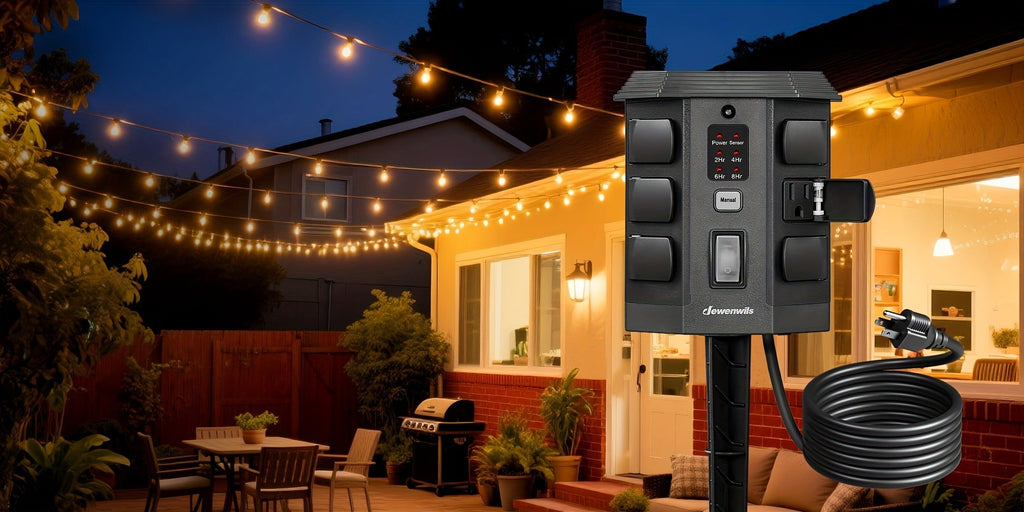 Outdoor Power Stake Timer 6 Outlet Weatherproof ¨C 100FT Wireless Remote Control, Dusk to Dawn Photocell Sensor, 7 Timer Modes, 6FT Cord, Overload Protection for Garden Yard Christmas Holiday Lights