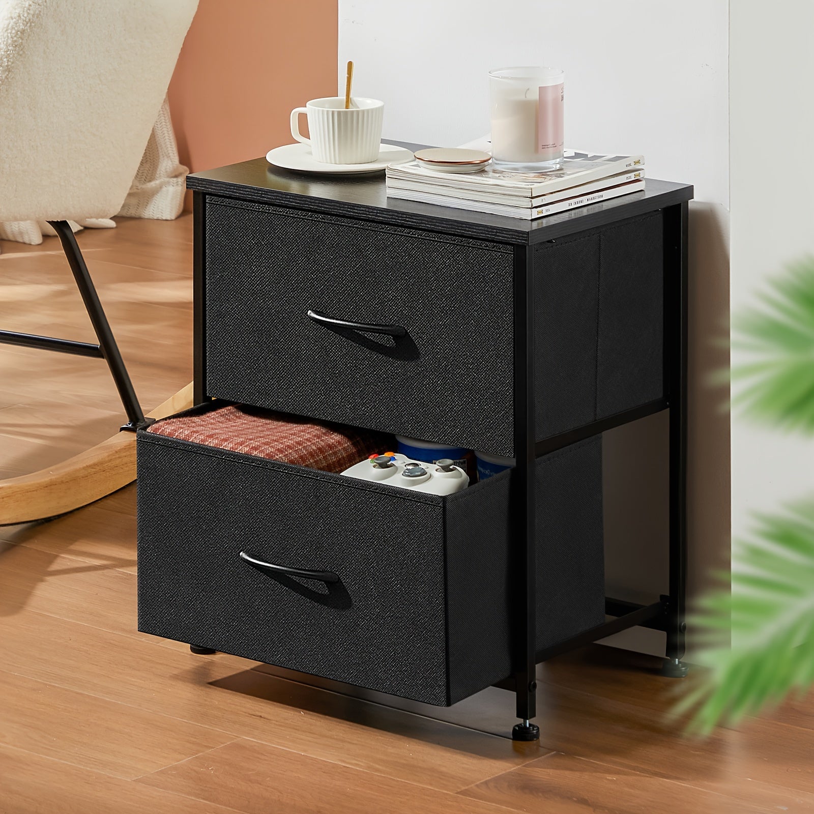 Nightstand with 2 Storage Drawers, 20¡± Bedside Table with Wooden Top & Fabric Cabinet, Steel Frame Mini Dresser for Bedroom, Dorm, Living Room ¨C 1pc or Set of 2pcs, Black White Grey Rustic Brown