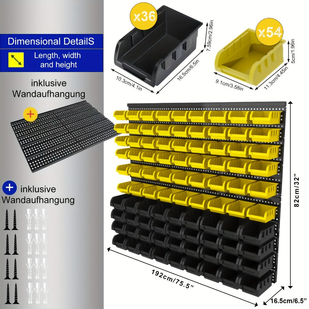 Wall Mounted Storage Bin Rack System ¨C Heavy Duty Small Parts Organizer for Screws, Nuts, Bolts & Nails | Stackable Garage Workshop Tool Storage Rack | 30/60/90 Bins Hardware Organizer