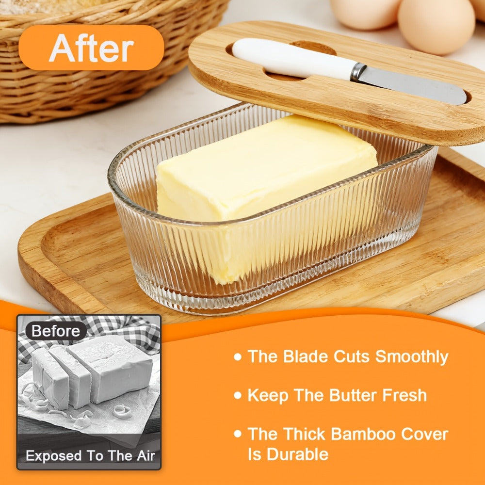 Glass Butter Dish with Airtight Sealed Lid | Butter Keeper for Countertop Refrigerator Fridge Door Storage Hygienic Covered Butter Tray Stripe Pattern Fresh Butter Container